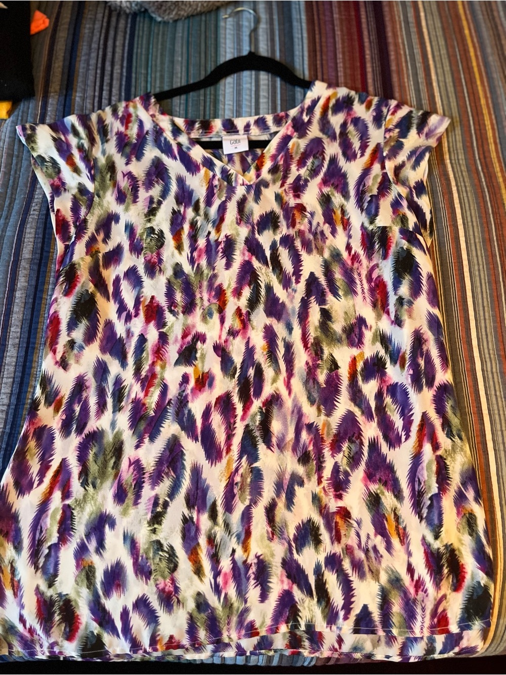 CAbi Purple Multi Print V-Neck Cap-Sleeve Top